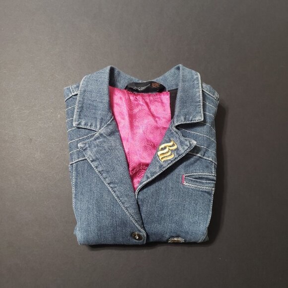 Rocawear Denim Jacket Girl Large 10/12 Medium Wash Magenta Satin Lined Y2K Retro - Picture 16 of 16